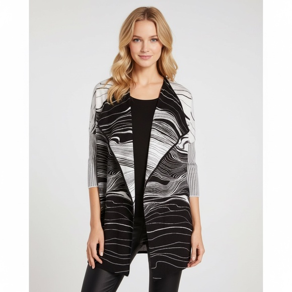 St. John Brush Stroke Jacquard Cashmere Wool Cardigan Black White Size S - Picture 1 of 12